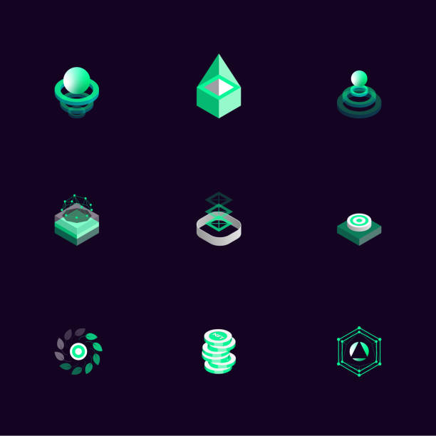 Isometric Fintech Icon Set - Cryptocurrency Icons Isometric fintech icon set of 9. Vector. Isolated on black background. blockchain icons stock illustrations
