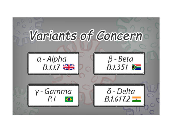 Variants of concern in the old and new spelling with Greek letters: alpha, beta, gamma and delta on the signs. The old names are handwritten. Flags of the countries where they were first found. The old names of these variants are: B.1.1.7 (British variant), B.1.351(South African variant), P.1 (Brazil variant), B.1.617.2 (Indian variant). b117 covid 19 variant stock illustrations