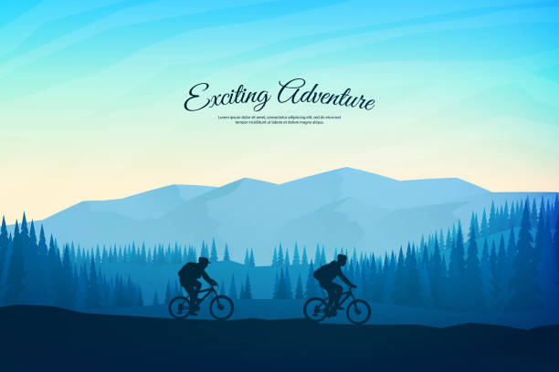 Vector landscape illustration. A man and woman with a backpack rides a mountain bike on the rocks. Mountain trip. Blue foggy background. Travel concept of discovering, exploring and observing nature. Vector landscape illustration. A man and woman with a backpack rides a mountain bike on the rocks. Mountain trip. Blue foggy background. Travel concept of discovering, exploring and observing nature. bicycle backgrounds stock illustrations