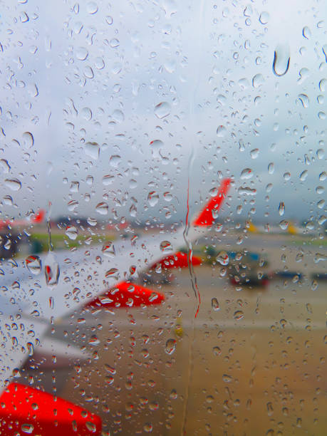 istock water drops on the airplane window glass, selective focus. selective focus rain drop form window seat inside airplane with blurred wing background. 1321401221