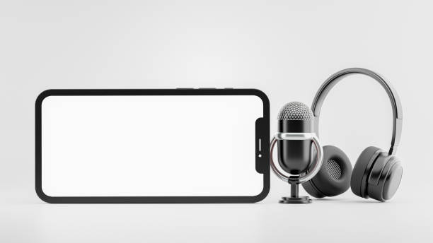 istock 3d render of smartphone microphone headset with padcast concept for your mockup 1321401437