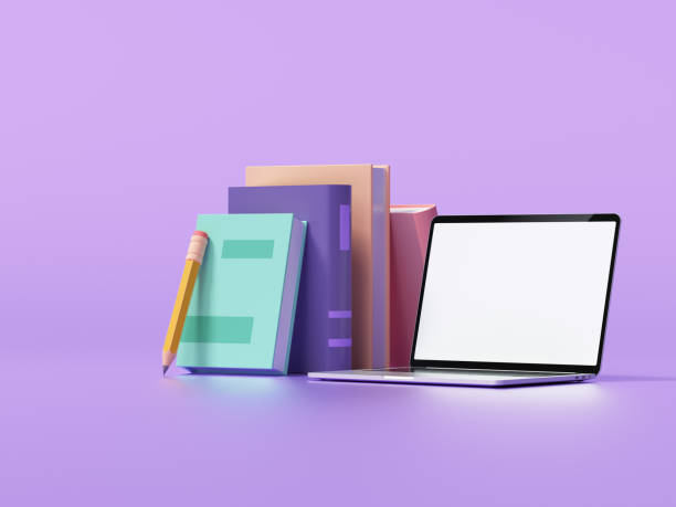 istock Online education on laptop concept, E-learning at home prevent covid 19. laptop computer and books on purple background. 3d render illustration 1321403625