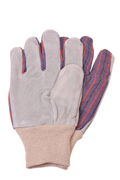 istock Leather palm and fabric back work gloves shot in studio on white background 1321404838