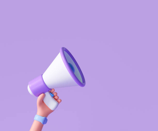 istock Cartoon hand holding megaphone on purple background with copy space. 3d render illustration 1321405808