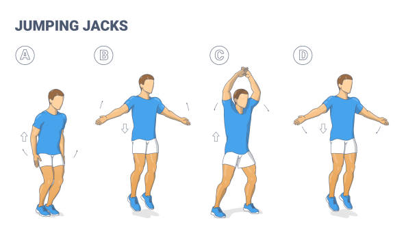 ilustrações de stock, clip art, desenhos animados e ícones de guy doing jumping jacks home workout exercise diagram. athletic man star jumps fitness illustration - crossing human arm silhouette men