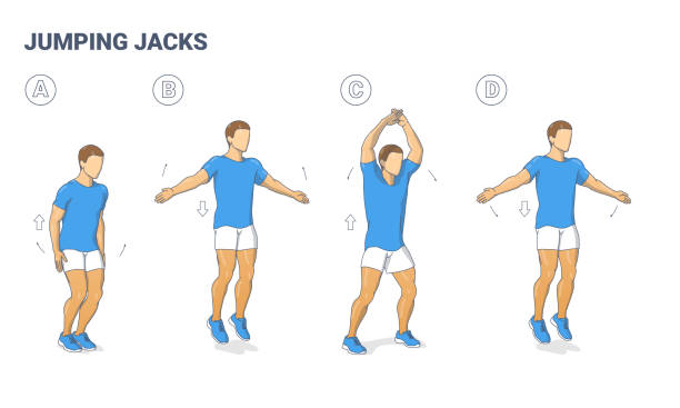 Guy Doing Jumping Jacks Home Workout Exercise Diagram. Athletic Man Star Jumps Fitness Illustration Guy Doing Jumping Jacks Home Workout Exercise Diagram. Star Jumps Fitness Illustration. An Athletic Man in Sportswear Does the Side Straddle Hop Sequentially Guidance Vector. jumping jacks stock illustrations