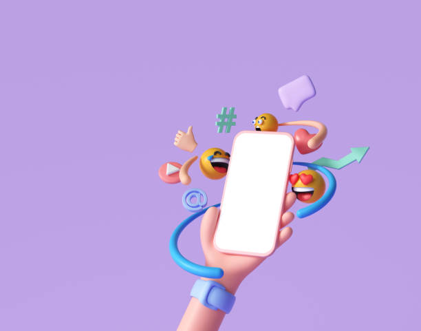 istock 3D Online Social media communication platform concept. Hand holding phone with emoji, comment, love, like and play icons. 3d render illustration 1321409534