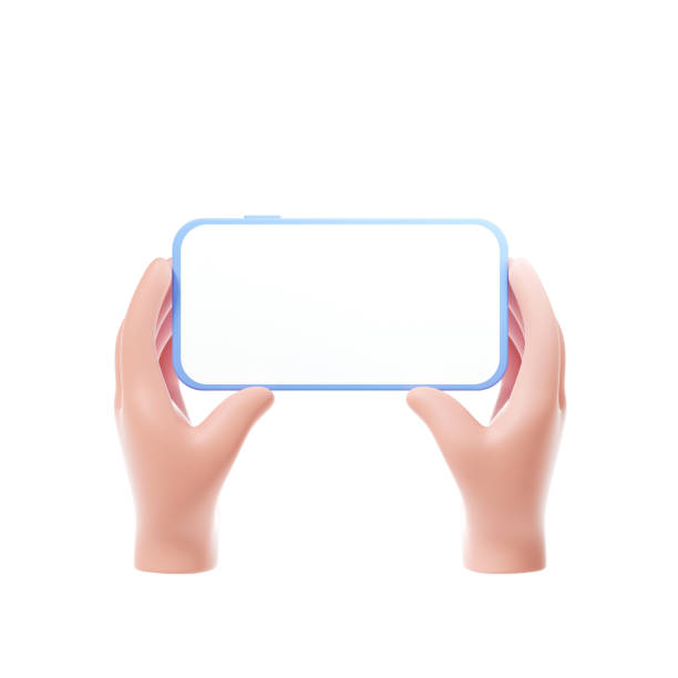 istock 3D Cartoon hands holding smartphone horizontal way with blank screen on isolate white background, phone mockup. 3d render illustration. 1321411074