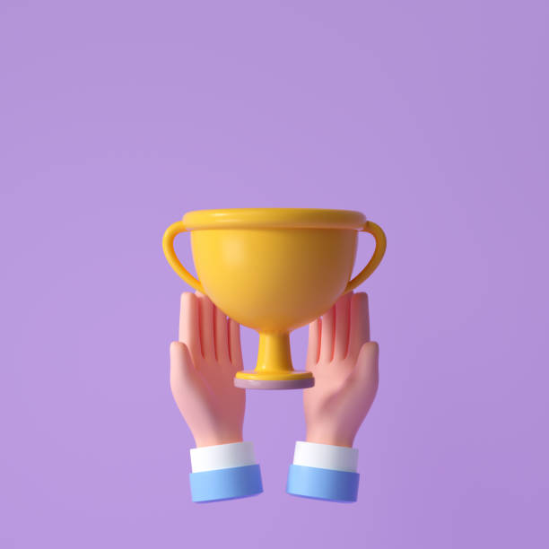 istock 3D Hand hold yellow Trophy cup. celebration, winner, champion and reward concept. 3d render illustration 1321411223