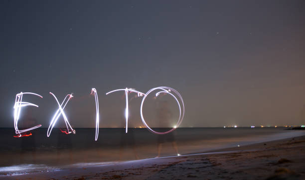 istock A success word in spanish made it with a light during the night at the beach 1321411351