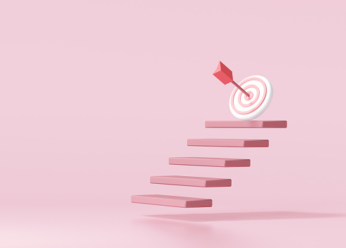 Red arrow hit the center of target on top of the staircase. business strategy and target achievement concept.3d render illustration