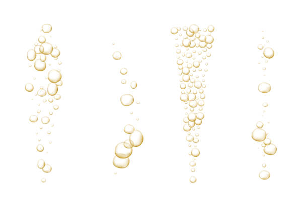 골드 탄산 거품. 샴페인을 반짝입니다. 탄산 팝과 발포성 음료. 추상적인 신선한 소다와 기포, 산소, 샴페인 크리스탈. 검정 투명 배경의 벡터 일러스트레이션 - air equipment flowing water oxygen stock illustrations