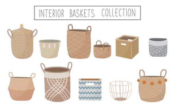 Print Set of hand drawn interior wicker, woven, rattan, wood baskets. Trendy empty storage items in doodle style. Traditional basket vector illustration. basket weaving stock illustrations