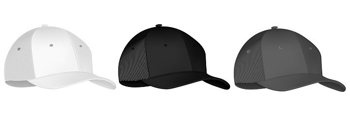 Vector baseball cap front and side view. Mockup isolated on transparent background. Uniform cap with front, back and right side view. Isolated vector illustrations set on white background.