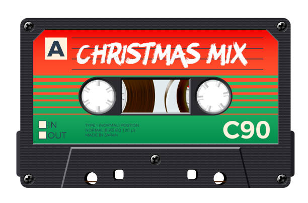 illustrations, cliparts, dessins animés et icônes de cassette de mixage de noël pour invitation de fête de noël sur le thème rétro ou couverture de mixage. bande de salutations d’hiver avec le style des années 80 et les couleurs de noël - retro revival music audio cassette old