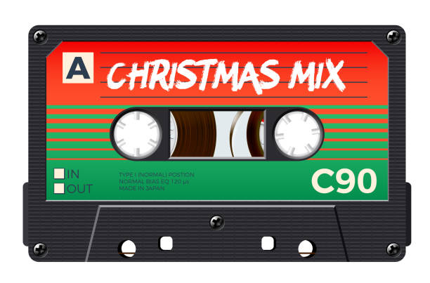 Christmas mix cassette for retro themed holiday party invitation or mix cover. Winter greetings tape with 80s style and Christmas colors Christmas mix cassette for retro themed holiday party invitation or mix cover. Winter greetings tape with 80s style and traditional Christmas colors mixtape stock illustrations