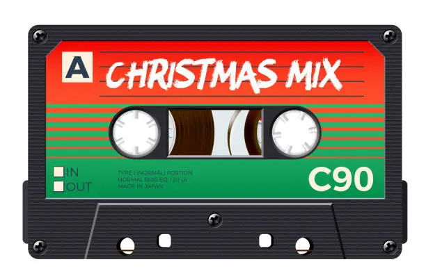 Vector illustration of Christmas mix cassette for retro themed holiday party invitation or mix cover. Winter greetings tape with 80s style and Christmas colors