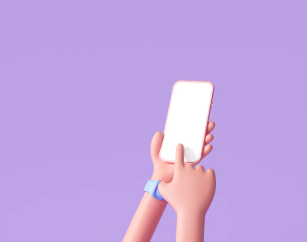 istock 3D Cartoon hand holding smartphone isolated on purple background, Hand using mobile phone mockup. 3d render illustration 1321421494