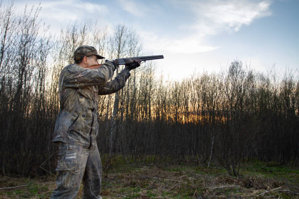 istock a hunter takes aim with a shotgun at dusk in a spring forest 1321423653