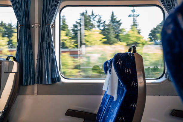 istock Inside the train, empty seats, nature view over the window in Korea 1321424415