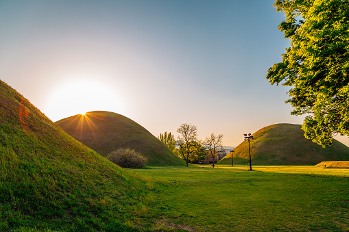 Sunset of Daereungwon ancient tomb in Gyeongju, Korea