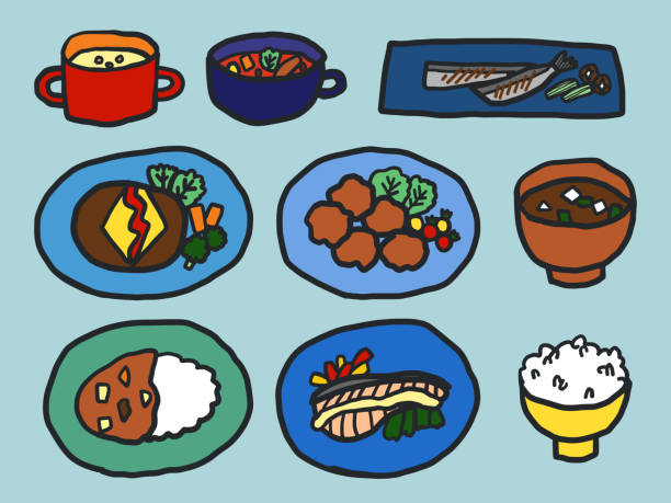 ilustraciones, imágenes clip art, dibujos animados e iconos de stock de cocina casera japonesa. colección de ilustraciones planas dibujadas a mano de platos japoneses y occidentales, sopa y arroz - minestrone