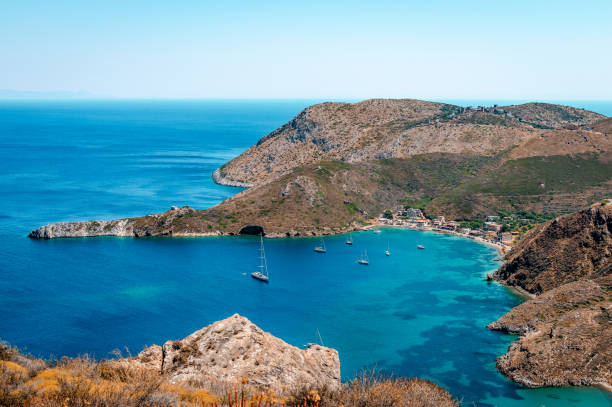 porto kagio, laconian mani, greece. - mani peninsula imagens e fotografias de stock