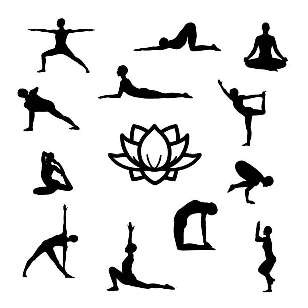 The illustration icon set of yoga poses. Silhouette. The illustration icon set of yoga poses. Silhouette. balance silhouettes stock illustrations