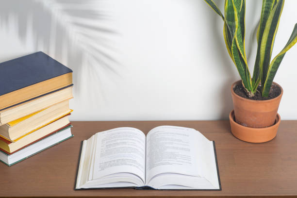 istock Book background. Open book on a table in a university or home desk and school library. Reading, literature, study and knowledge concept. 1321432831