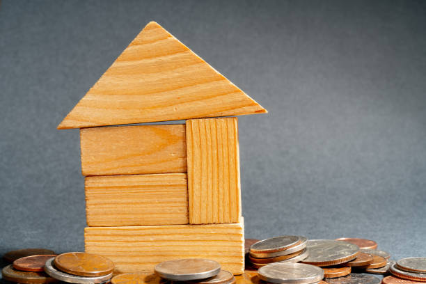 istock Wooden house and coins. 1321433813