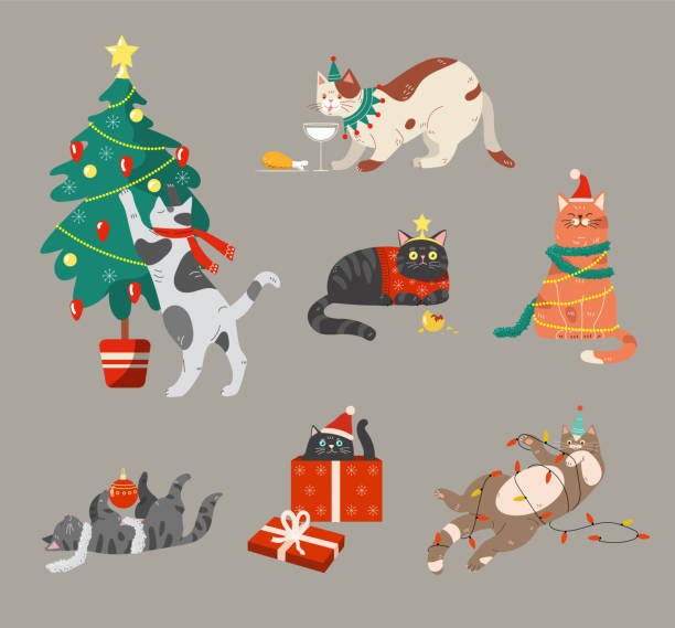 ilustraciones, imágenes clip art, dibujos animados e iconos de stock de gatos celebrando vacaciones de invierno - pet collar