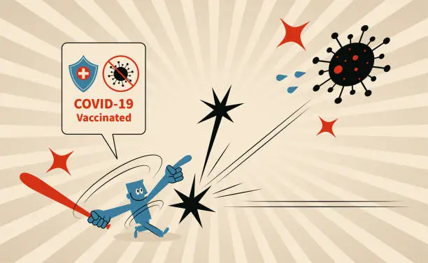 Vector illustration of One smiling slugger (baseball player, batter) hits Coronavirus and gives a winning gesture