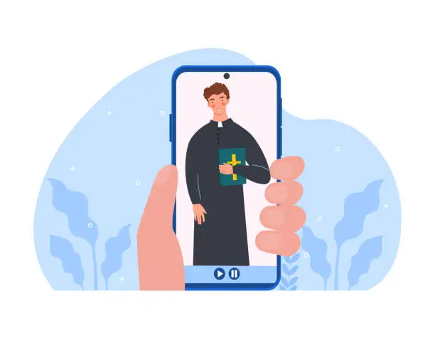 Vector illustration of Online church, forgiveness of sins, confession