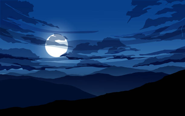 ilustraciones, imágenes clip art, dibujos animados e iconos de stock de luna llena en la noche nublada - dusk