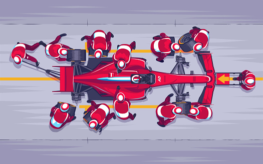 Pit stop in races f1. Replacing wheels on the race. Red speed car. A team of profesionals engaged in their work. Race car pilot. Fast maintenance of the car. Vector Illustration