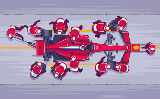 Racing car Pit stop in races open-wheel single-seater car. Replacing wheels on the race. Red speed car. A team of profesionals engaged in their work. Race car pilot. Fast maintenance of the car. Vector Illustration"r"n racecar stock illustrations