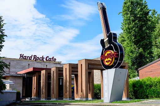 Bucharest, Romania, 24 May 2020 - Entry to Hard Rock Café American style restaurant in Herastrau Park