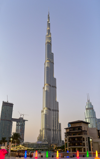 View to Burj Khalifa in Dubai, UAE from below at sunset