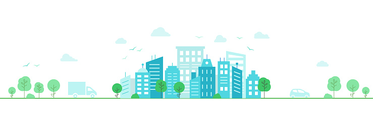 Panorama of a Small town. Light Urban landscape. Cars drive up to the green city. Vector illustration in flat style.