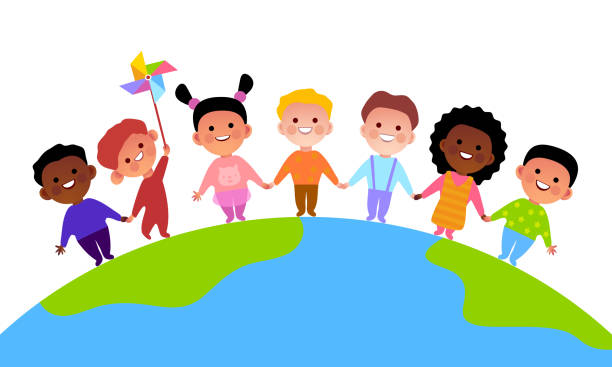 행복한 어린이 날. 자녀. 우정. 지구. 유년 시대. 어린이 권리 휴일. 벡터 일러스트레이션 - 어린이의 권리 stock illustrations