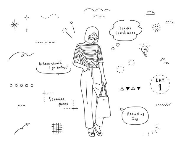 A set of female line drawing illustrations and hand drawn doodle icons. A set of female line drawing illustrations and hand drawn doodle icons.
Magazine-style design with glitter, frames and speech bubbles. womens fashion stock illustrations