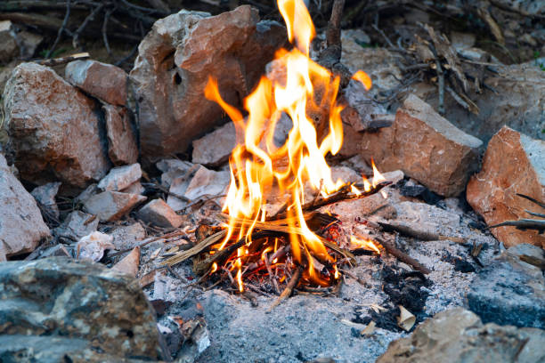istock Campfire burning in the wild nature. Closeup fire and rocks 1321441769
