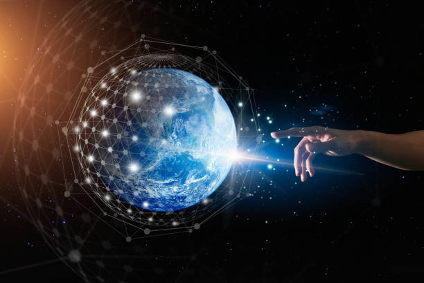 istock Human hand touching with global connection concept. Elements of this image furnished by NASA 1321442101