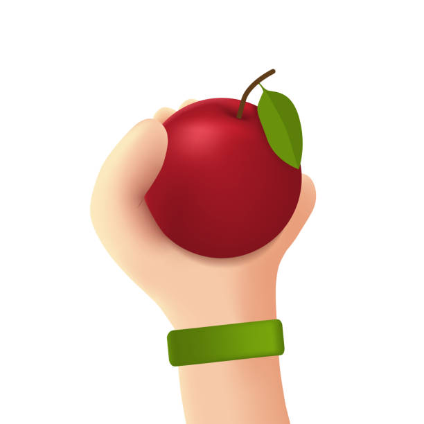 istock Red ripe apple in hand. Whole apple in cartoon 3d hand. Vector illustration isolated on a white background 1321445239