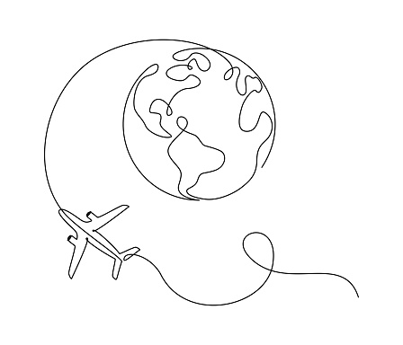 Flying Airplane around Earth globe in one Continuous line drawing. Concept of turism trip and travel. Simple vector illustration in linear style.