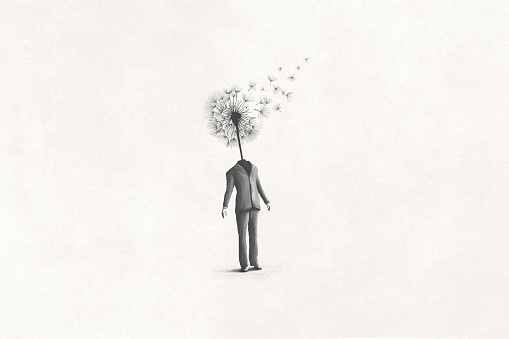 illustration of dandelion man, surreal abstract concept