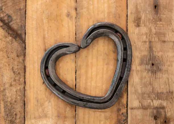 Hand crafted romantic love heart shaped horse shoe created by farrier laid on rustic vintage wooden plank background.