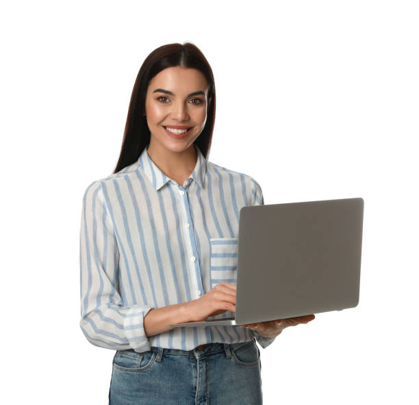 istock Young woman with modern laptop on white background 1321447320