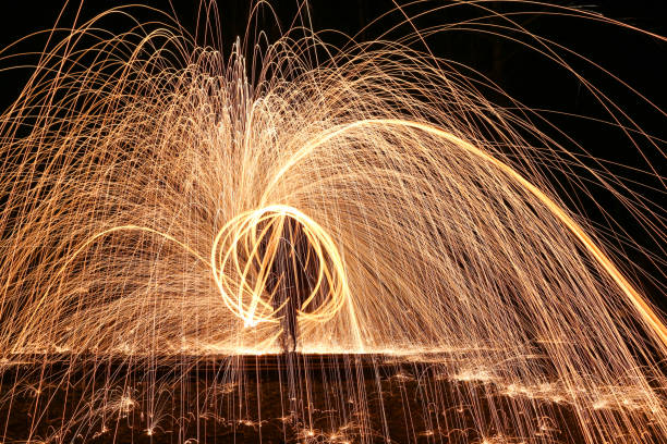 istock Fire wheel with sparkling sparks at night 1321447991
