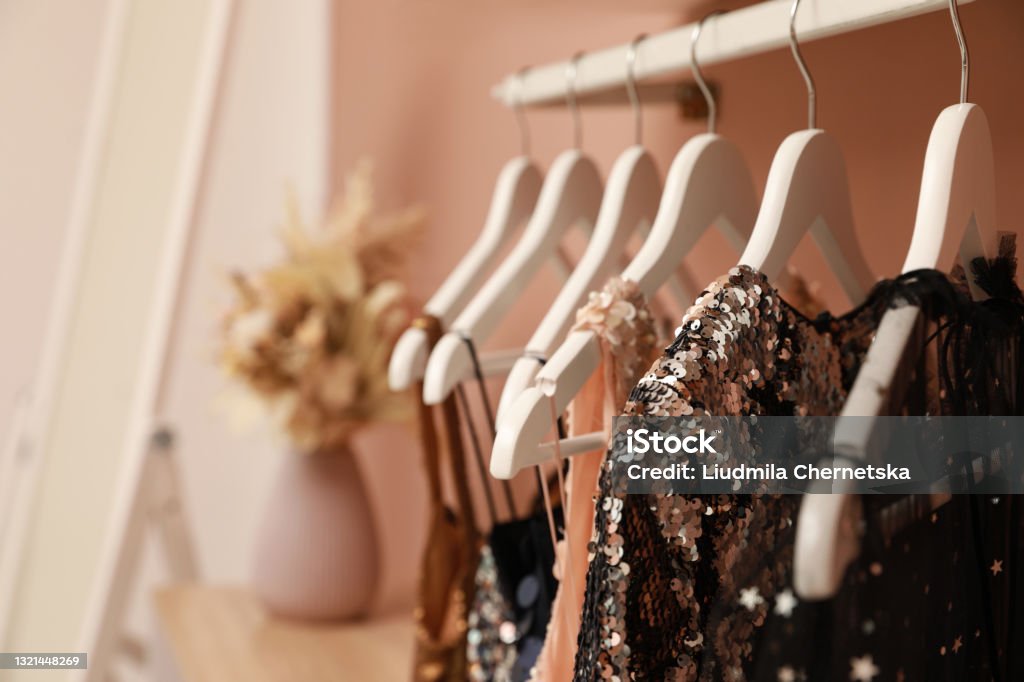 Collection of trendy women's garments on rack indoors, closeup and space for text. Clothing rental service Clothing Stock Photo